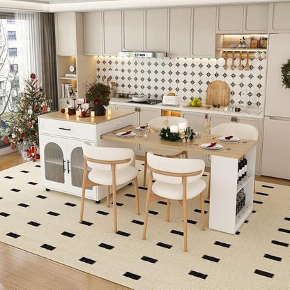 80-inch Expandable Kitchen Island with Dining Table, Marble-Grain Countertop with Power Outlet, Mobile Storage Cart with Cabinet & 2 Drawers, Kitchen Prep Table (White + MDF)