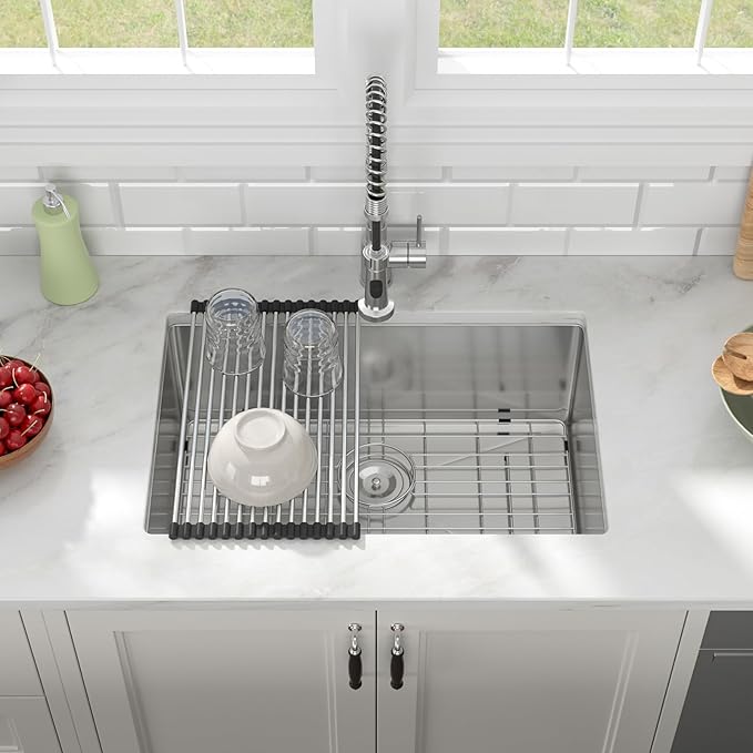 27x18 Inch Undermount Kitchen Sink 16 Gauge 304 Stainless Steel Handmade Single Bowl Deep Basin Modern Under Counter Design