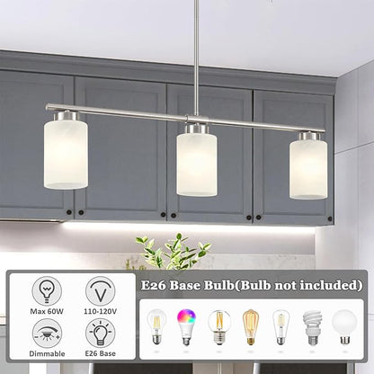 3-Light Kitchen Island Lighting Brushed Nickel Dining Room Light Fixture with Milk Glass Shade 31" Modern Linear Chandelier Adjustable Hanging Pendant Lighting Over Island Dining Table Living Room，E26