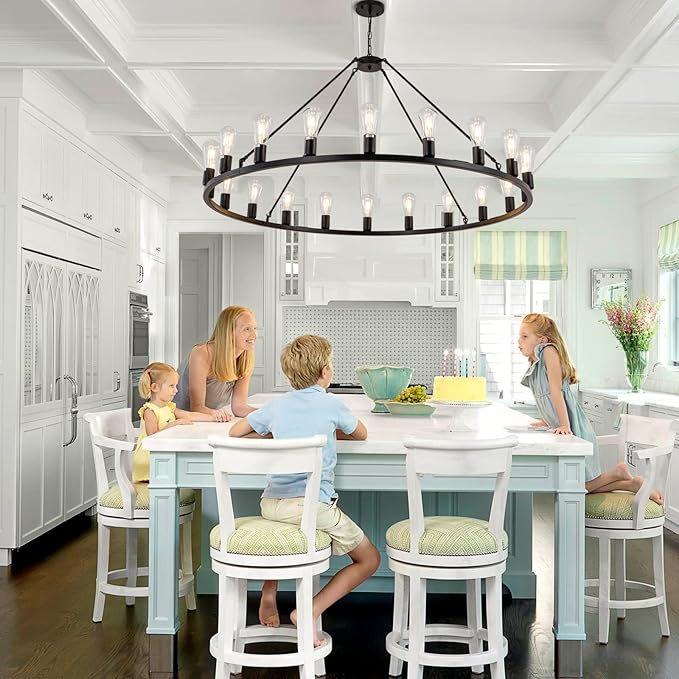 Lanhall 48” 20-Light Extra Large Wagon Wheel Chandelier, Round Black Rustic Farmhouse Chandelier Light Fixture for High Ceiling Living Room Dining Room Stairs Foyer- Adjustable Height Metal E26