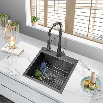 FRANIC 18" Handmade Black Bar Workstation Sink, 18" x 18" x 9" Stainless Steel Matte Nano Black Topmount Single Bowl Small Kitchen Outdoor Sink