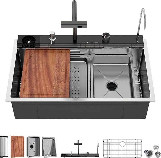 33 Inch Smart Waterfall Kitchen Sink - Beslend 33x19 Stainless Steel Drop In Waterfall Sink Topmount Workstation 16 Gauge Modern Sinks Single Bowl with Faucet, Cup Washer and Digital Display