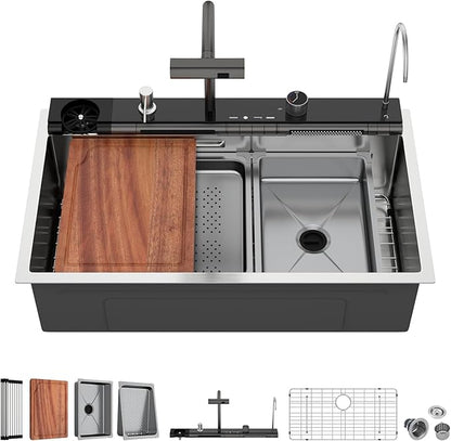 33 Inch Smart Waterfall Kitchen Sink - Beslend 33x19 Stainless Steel Drop In Waterfall Sink Topmount Workstation 16 Gauge Modern Sinks Single Bowl with Faucet, Cup Washer and Digital Display