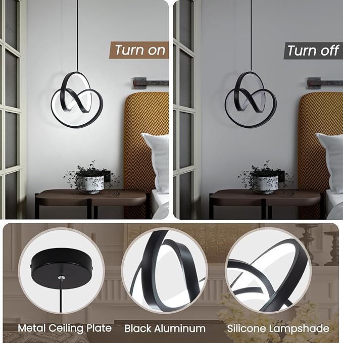 Modern LED Pendant Light Fixtures 6000K Pendant Lights Kitchen Island Lighting Adjustable Height Black Hanging Lamp for Dining Room Bedroom Living Room (1 Pack)