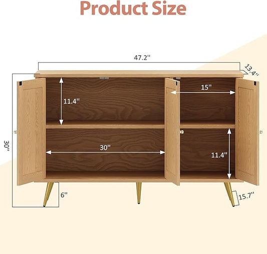 Shintenchi Large Rattan Storage Cabinet, Modern Sideboard Cabinet, Accent Large Storage Space Cabinet with Rattan Decorated Doors for Living Room, Dining Room