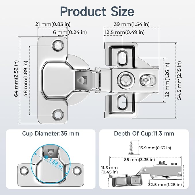 HOSOM 20 Pack 1/2" Overlay Soft Close Cabinet Hinges, Kitchen Door Hinges, Soft Close Hinges for Kitchen Doors, 100° Opening Angle, 2-Way Adjustment Cabinet Hinges Concealed