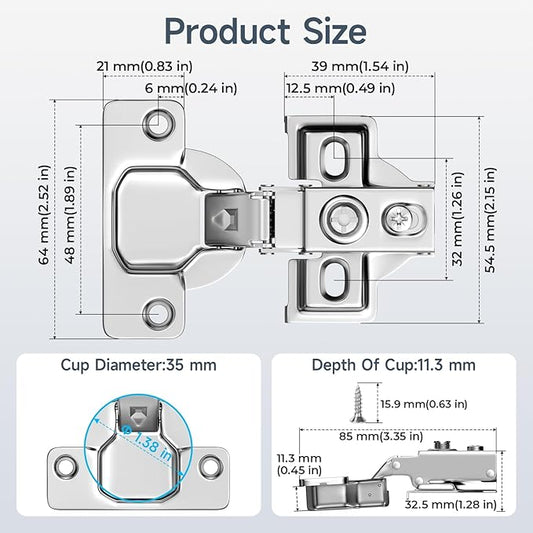 HOSOM 20 Pack 1/2" Overlay Soft Close Cabinet Hinges, Kitchen Door Hinges, Soft Close Hinges for Kitchen Doors, 100° Opening Angle, 2-Way Adjustment Cabinet Hinges Concealed