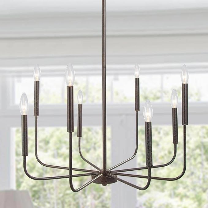 LALUZ Chandelier, Dining Room Lighting Fixtures Hanging, Chandelier Light Fixture with Dark Brown Speckled Finish, 26” Dia, Dimmable