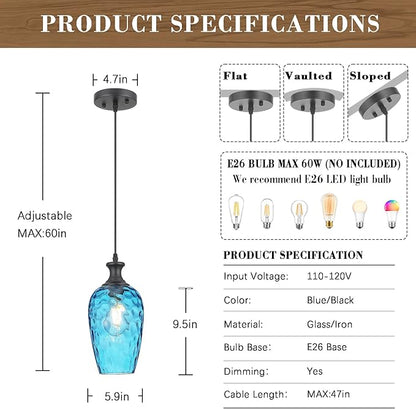 Glass Pendant Lights Kitchen Island, 1-Light Blue Pendant Light Fixtures with Hammered Glass, Modern Farmhouse Hanging Light for Kitchen Sink Dining Room Bedroom, E26