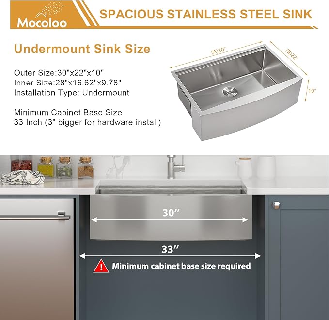 Mocoloo 30 Farmhouse Sink - 30 x 22 Inch Stainless Steel Undermount Kitchen Sink Workstation Ledge 16 Gauge Single Bowl Deep Basin Handmade Apron Front Farm Style Sinks