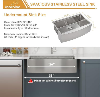 Mocoloo 30 Farmhouse Sink - 30 x 22 Inch Stainless Steel Undermount Kitchen Sink Workstation Ledge 16 Gauge Single Bowl Deep Basin Handmade Apron Front Farm Style Sinks