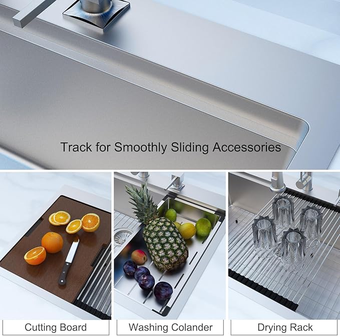 33x22 Drop In Kitchen Sink 16 Gauge Stainless Steel, Workstation Combo with Cutting Board & Washing Colander & Drying Rack, 10Inch Deep Single Bowl Topmount Sinks, 33"x22"x10", Brushed Nickle