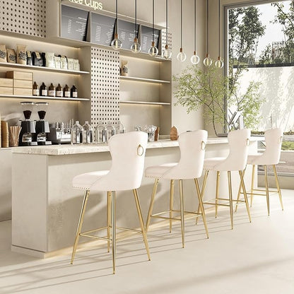 Stools Set of 2, Velvet Counter Height with Metal Legs, Button Tufted and Nailheads Trim, Wing-Back Chairs for Kitchen Island Dining Room Pub, Beige