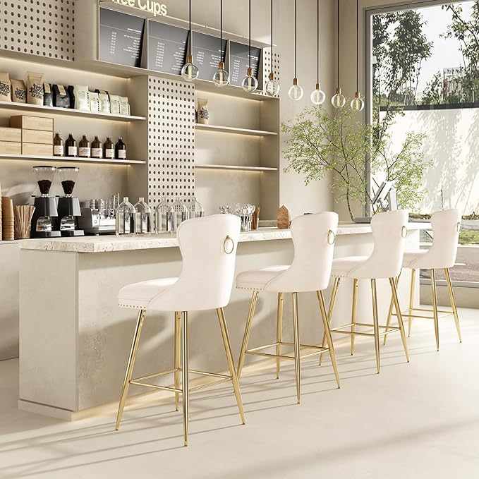 Stools Set of 2, Velvet Counter Height Stools with Metal Legs, Button Tufted and Nailheads Trim, Wing-Back Chairs for Kitchen Island Dining Room Pub, Beige