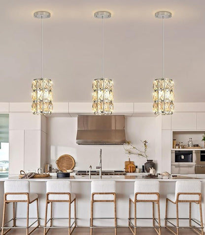 3 Pack Modern Crystal Pendant Lights for Kitchen Island LED Dimmable Glam Pendant Lighting Chandelier for Dining Room Hallway Corner Lamp Nickel