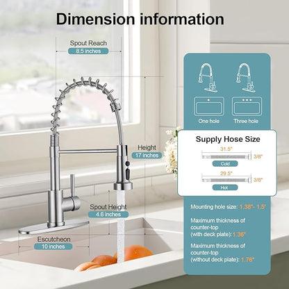 Kitchen Faucets with Pull Down Sprayer, Brushed Nickel Stainless Steel Single Handle Pull Out Spring Sink Faucet, 3 Function Sprayer 1 or 3 Hole Deck Plate for Farmhouse Laundry Rv Bar