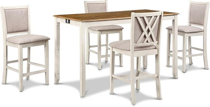 New Classic Furniture Amy Farmhouse Kitchen Counter Island Dining Table for 4 with Storage Shelf & USB Chargers, Beige and Brown