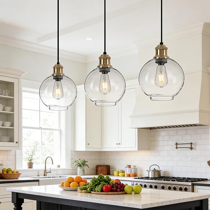 Modern Globe Pendant Light, 8 Inch Clear Glass Hanging Lamp with Brushed Gold Finish, Adjustable Cord Ceiling Fixture for Kitchen Island Dining Room Sink, E26 Base