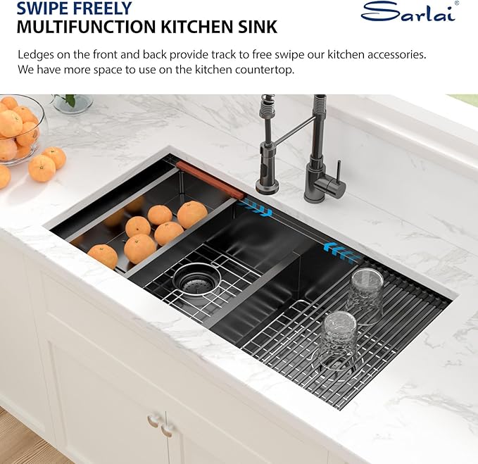 Sarlai 36 Inch Undermount Kitchen Sink Double Bowl Low Divided Large Workstation Gunmetal Black Sink Stainless Steel 16 Gauge 50/50 Sinks Double Basin