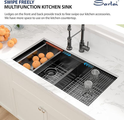 Sarlai 36 Inch Undermount Kitchen Sink Double Bowl Low Divided Large Workstation Gunmetal Black Sink Stainless Steel 16 Gauge 50/50 Sinks Double Basin