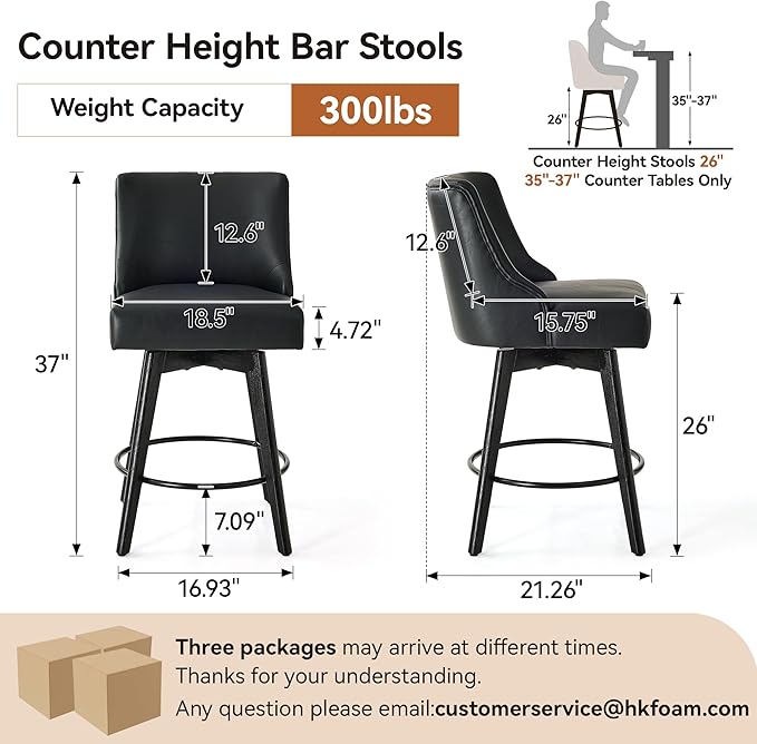 Counter Height Bar Stools Set of 6, Swivel Barstools with Backs and Wood Legs, Faux Leather Upholstered Counter Stools for Kitchend Island, Mid-Century Modern 26" Seat Height Bar Chairs, Black