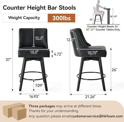 Counter Height Bar Stools Set of 6, Swivel Barstools with Backs and Wood Legs, Faux Leather Upholstered Counter Stools for Kitchend Island, Mid-Century Modern 26" Seat Height Bar Chairs, Black