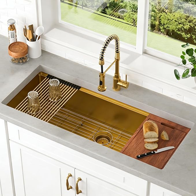 Lordear Luxury 45 Inch Gold Undermount Kitchen Sink Large Ledge Workstation T304 16 Gauge Stainless Steel Single Bowl Under Counter Gold Kitchen Sink with Built-in Accessories 45''x19''x10''