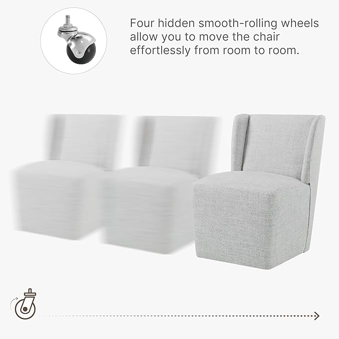 KISLOT Upholstered Dining Chairs Set of 1 with Casters, Wingback Modern Side Armless Deskchair with Rollers for Diningroom Bedroom Livingroom Reading Room, Light Grey Fabric