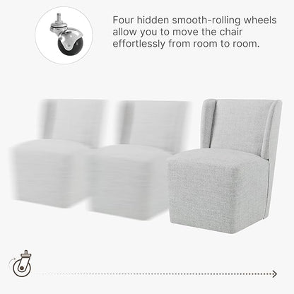 KISLOT Upholstered Dining Chairs Set of 1 with Casters, Wingback Modern Side Armless Deskchair with Rollers for Diningroom Bedroom Livingroom Reading Room, Light Grey Fabric