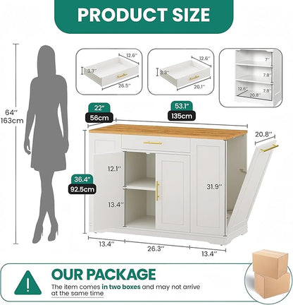 YITAHOME 53 inch Large Rolling Kitchen Island with Trash Can Storage Cabinet, Portable Mobile Islands Table Long Floating Movable w Wheels Cabinet for 13 Gallon Garbage Bin 2 Drawer, White Oak