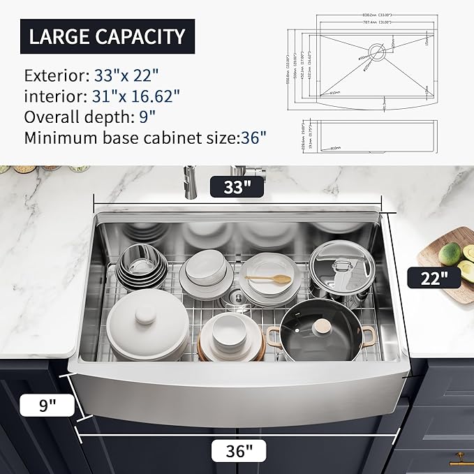 33x22 Inch Farmhouse Kitchen Sink – ALWEN 16 Gauge Scratch-Resistant Stainless Steel Workstation Apron Front Single Bowl Sink, R10 Radius, Ledge & Accessories Included