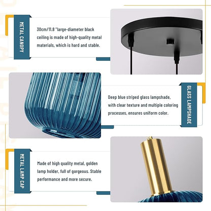 3-Light Modern Industrial Pendant Light Fixture, Adjustable Hanging Chandelier with Blue Striped Glass Shades for Kitchen Island, Dining Room, Bedroom, Black & Gold Metal Ceiling Light
