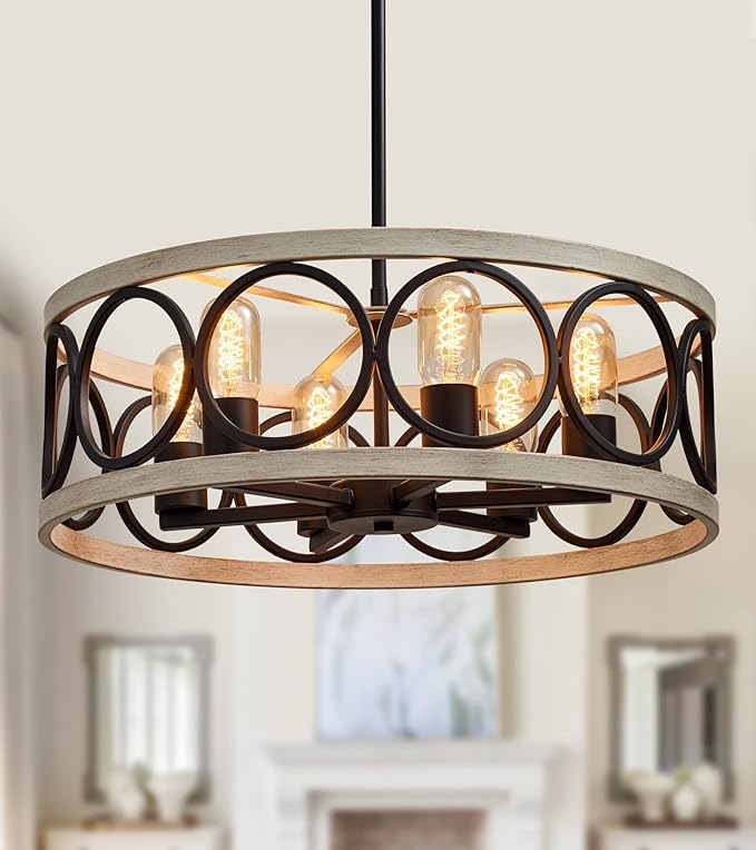MEIXISUE Modern Farmhouse Drum Chandelier Black and White Birch Finish 6-Lights Round Metal Rustic Vintage Chandelier Light Fixtures for Kitchen Dining Room Living Room Office Hotel Restaurant