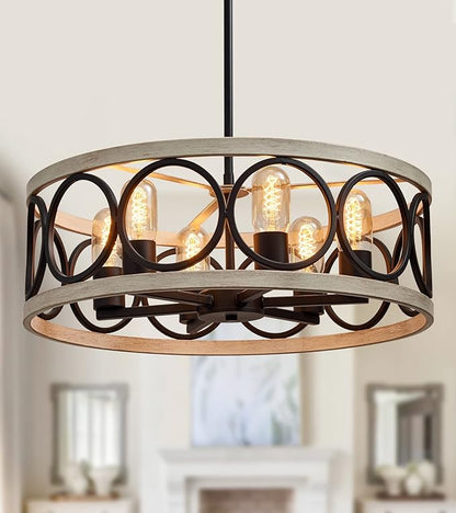MEIXISUE Modern Farmhouse Drum Chandelier Black and White Birch Finish 6-Lights Round Metal Rustic Vintage Chandelier Light Fixtures for Kitchen Dining Room Living Room Office Hotel Restaurant
