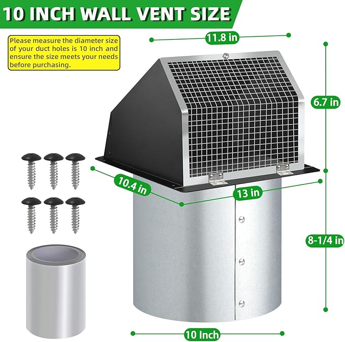 10 Inch Hooded Wall Vent with Screen and Damper,Outdoor Wall Exhaust Vent Cover Cap for Kitchen Range Hood HVAC Duct Dryer Ventilation&Outside Exterior Mount,Galvanized Steel,Black