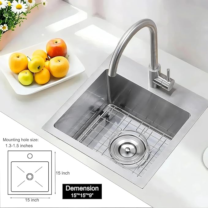 VAPSINT 15x15 Inch Drop In Bar Sink, Topmount Single Bowl Handmade 16 Guage Stainless Steel Small Kitchen Sink for Wet Bar Prep RV Outdoor with Grid & Drain Strainer