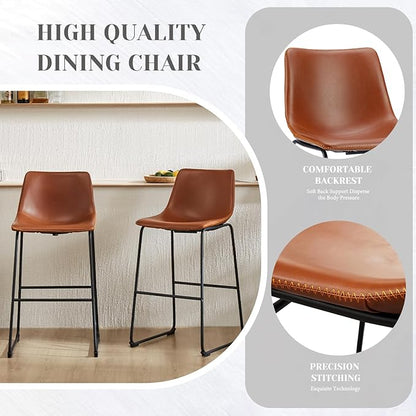 Sweetcrispy Counter Height Bar Stools Set of 2, 30 inch Height Stool Faux Leather Barstools with Back, Armless Kitchen Island Countertop Comfortable Modern Chairs with Metal Legs, Warm Brown