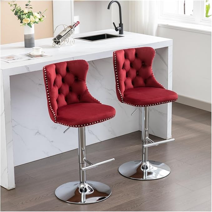 Swivel Velvet Barstools Adjusatble Seat Height from 25-33 Inch, Modern Upholstered Chrome Base Bar Stools with Backs Comfortable Tufted for Home Pub and Kitchen Island（Burgundy,Set of 2）