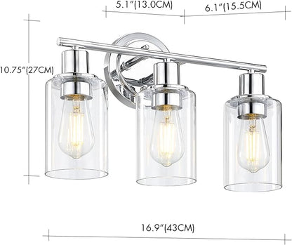 3-Light Chrome Bathroom Light Fixtures Over Mirror,Chrome Vanity Lights for Cabinet, 3 Bulb Bathroom Wall Sconce Light Fixture for Sink