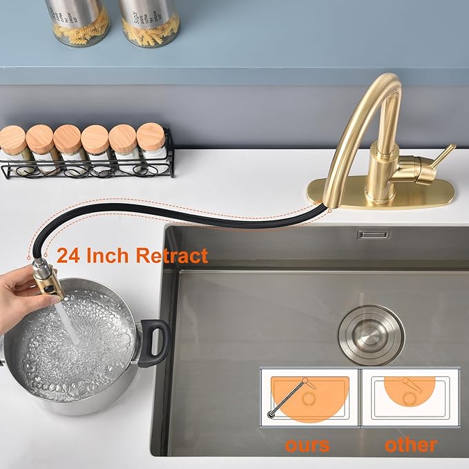 RULIA Kitchen Faucet, Kitchen Sink Faucet, Sink Faucet, Pull-Down Kitchen Faucets, Bar Kitchen Faucet, Brushed Brass, Metal Spray Head, RB1068