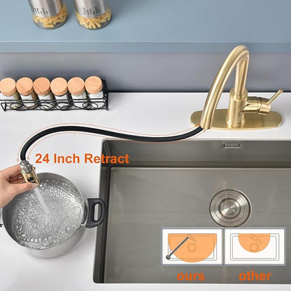 RULIA Kitchen Faucet, Kitchen Sink Faucet, Sink Faucet, Pull-Down Kitchen Faucets, Bar Kitchen Faucet, Brushed Brass, Metal Spray Head, RB1068