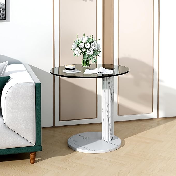 Hooseng Glass Round Coffee Table End Table, 22-Inch Modern Tempered Transparent Glass Top,Perfect for Living Room,Cafe,Home,and Office(White)