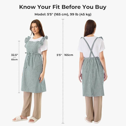 Vintage Gingham Apron for Women, Ruffle Straps, 2 Pockets, Soft Cotton, Apron Dress Style for Cooking & Baking