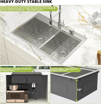 33-inch Drop In Kitchen Sink - Double Bowl 50/50 Multifunctional Workstation Kitchen Sink, 304 Stainless Steel 16 Gauge Above Counter Deep Sinks for Kitchen with Mixing Bowl, 33''x22''x10''