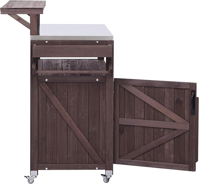 YOPTO 53.3" Outdoor Kitchen Island with Raised Shelf,Solid Wood Grill Cart,Stainless Steel Top,Adjustable Shelf,Spice Rack,Lockable Wheels,Brown