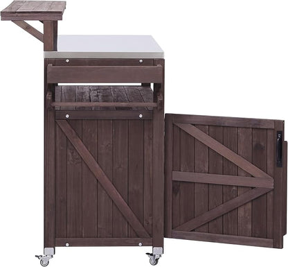 YOPTO 53.3" Outdoor Kitchen Island with Raised Shelf,Solid Wood Grill Cart,Stainless Steel Top,Adjustable Shelf,Spice Rack,Lockable Wheels,Brown