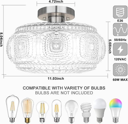 Semi Flush Mount Ceiling Light, Upgraded Larger Brushed Nickel Glass Ceiling Light Fixture, Vintage Lighting for Hallway Kitchen Bedroom Dining Room, Bulb Not Included