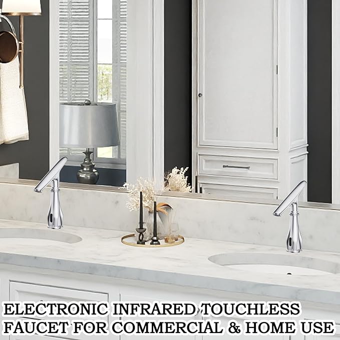 Touchless Bathroom Faucet, Automatic Motion Sensor Chrome Faucet for Bathroom Sink 1 Hole with Cover Plate, Mixing Valve, Battery Operated for Commercial Lavatory, Home Restroom