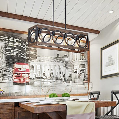 XINGQI Black Kitchen Island Light Fixtures, Farmhouse Dining Room Chandelier Rectangular Linear Chandeliers Pendant Ceiling Light Fixture for Bar Office Coffee Shop 4-Light Wood Grain