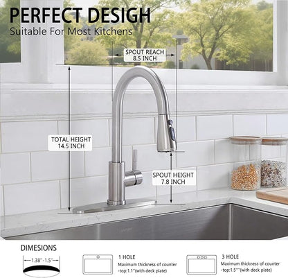 HOTIS Kitchen Faucet with Pull Down Sprayer, Brushed Nickel Stainless Steel High Arc Single Handle Faucets with Deck Plate for 1 or 3 Hole, Suitable for Farmhouse Camper Rv Bar, HT-KYT010L-D-2
